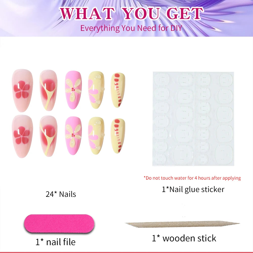 24 pcs  long almond French press on nails,3D gel  flower manicure design, summer manicure, suitable for women and girls to wear