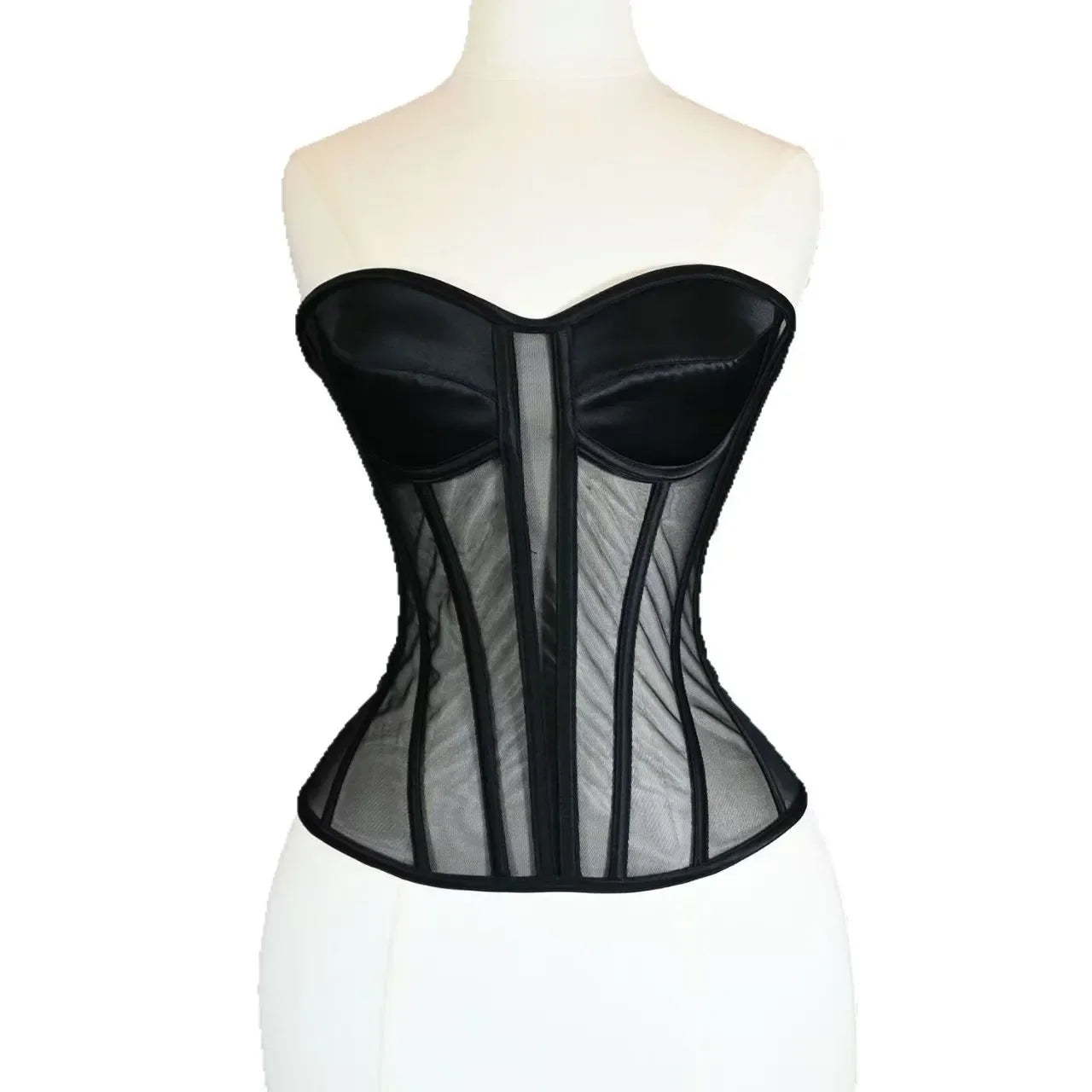 Women Corset Bustier With Bra Transparent Mesh Bodices For Wedding Body Shaper Slimm Waist Lace Up Boned Strapless Tube Tops