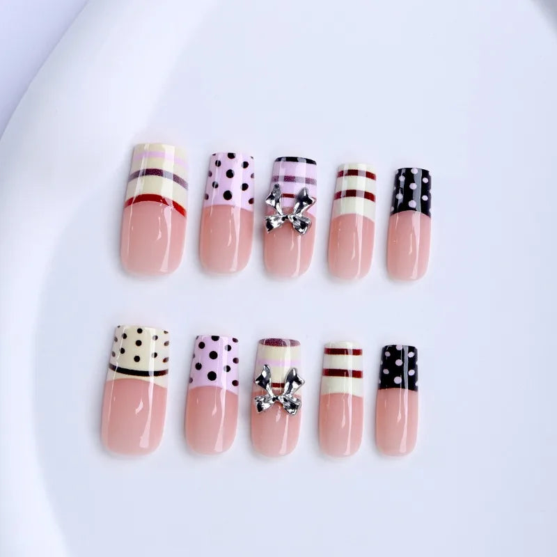 24PCS Y2k Yellow French Press on Nails Pink Stripes Medium Coffin 3D Bowknot Fake Nails Sweet Polka Dot Square Wearable Nail Tip