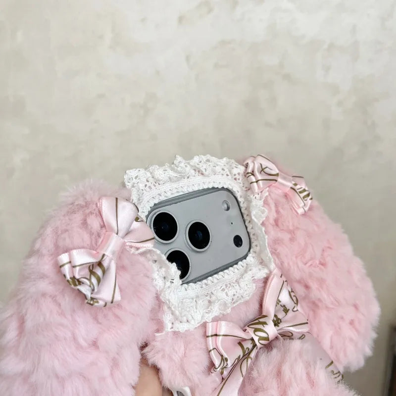 Plush Cute pink blue rabbit  Phone Case for IPhone17 16 15 14 13 Pro Max Soft Silicone Warm Fur Anti-drop luxury Back Cover