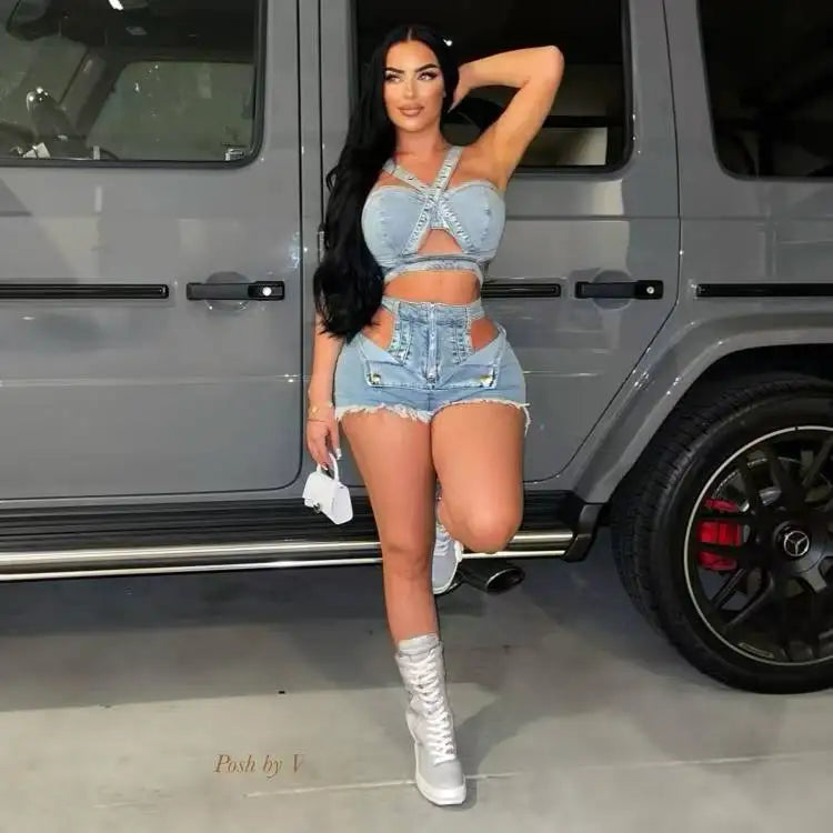 FAGADOER Summer New Sexy Denim 2 Piece Sets Woman Outfit  Y2k Streetwear Spaghetti Strap Sleeveless Crop Top and Shorts Suit