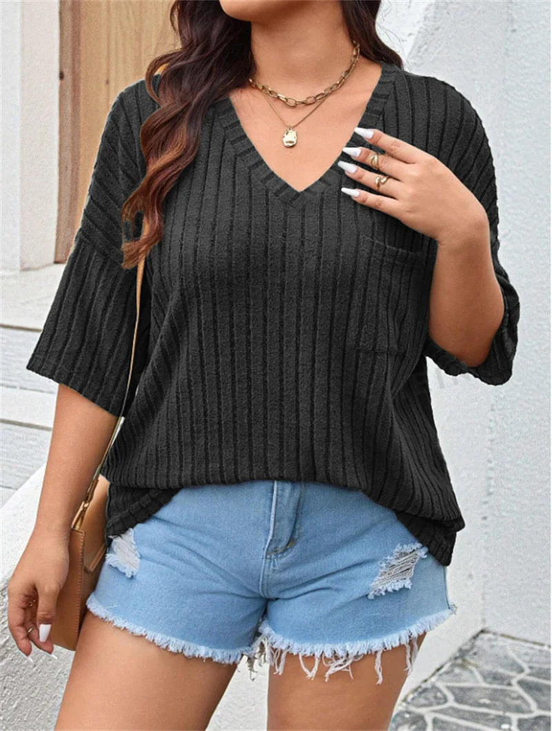 GIBSIE Plus Size Drop 3/4 Sleeve Loose Rib-knit T Shirt Women Summer 2025 Solid Color V-Neck Pocket Casual Female Tops Tees