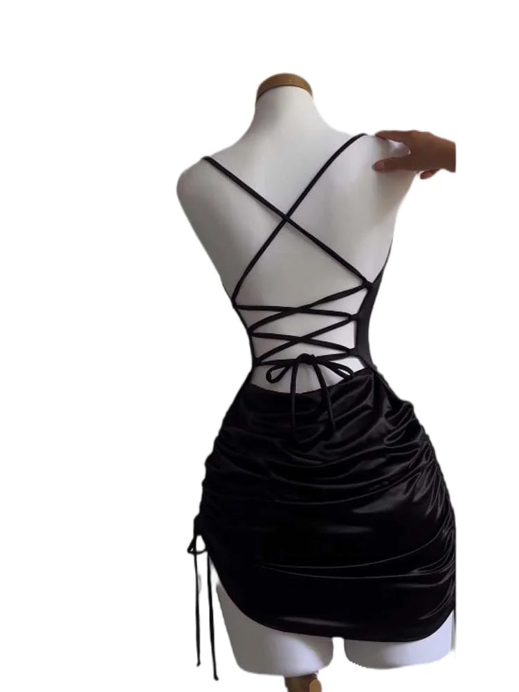 Y2K Sleelveless Backless Mini Dress Women Summer 2025 Europe America Lace Up Bodycon Dresses High Street Party Club Black Dress