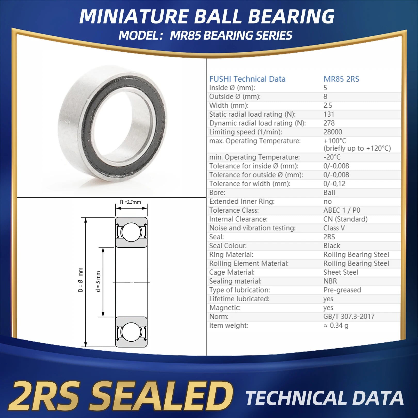 FUSHI MR85 ZZ Bearing 5x8x2.5 mm 10Pcs MR85ZZ RS 2RS MR85Open Handpiece Bearings For Video Card High Speed For Motor