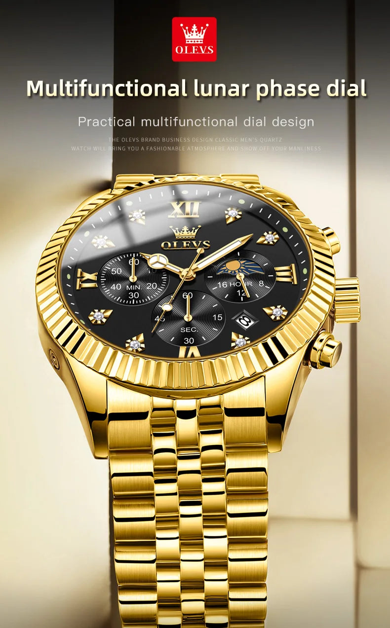 OLEVS Brand Luxury Gold Black Quartz Watch for Men Stainless Steel Waterproof Luminous Date Week Fashion Men Watches Reloj Hombr