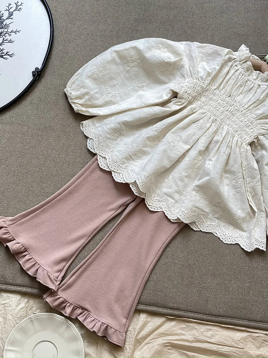 deer jonmi 2026 Spring New Korean Style Toddlers Kids Lace Embroidery Blouses Lantern Sleeve Tops Children Princess Shirts
