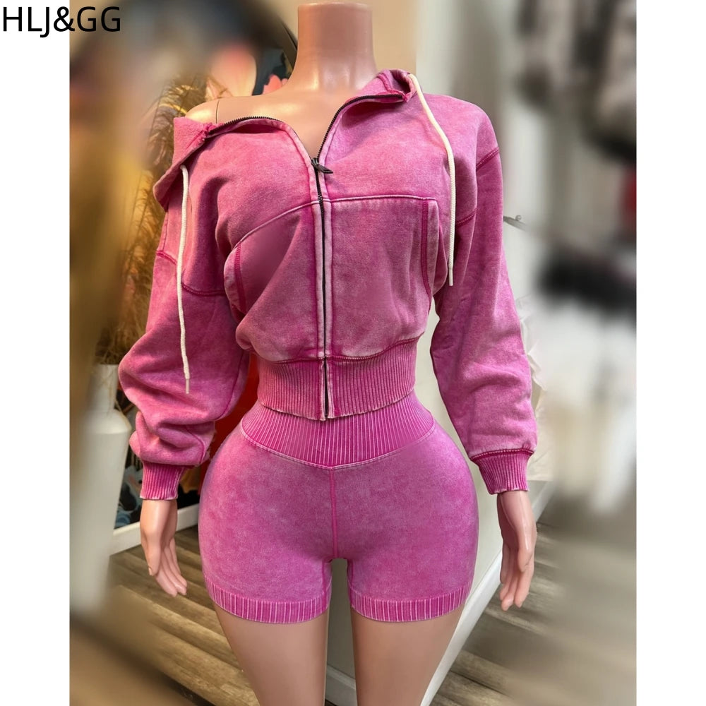HLJ&GG High Quality Washed Casual Zip Hooded Two Piece Sets Women Long Sleeve Top+Biker Shorts Outfits Fashion Sporty Streetwear