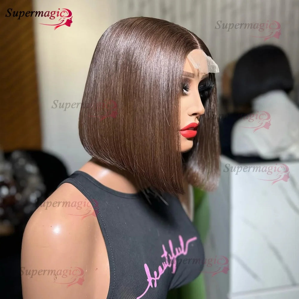 Double Drawn 2x6 HD Glueless Bone Straight Bob Wigs Raw Vietnamese Virgin Human Hair Short Chocolate Brown Bob Wigs for Women