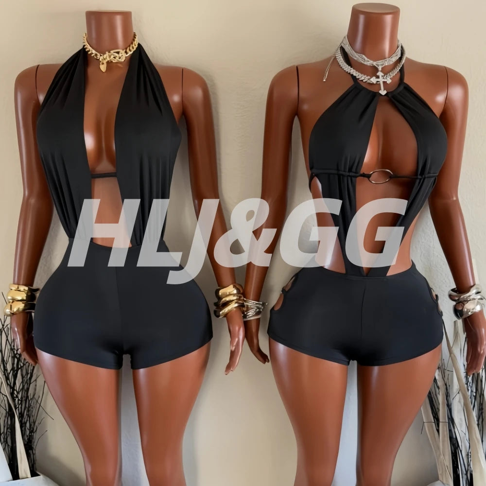 HLJ Sexy Deep V Neck Bodycon Romper for Women Black Halter Sleeveless Backless Shorts Jumpsuit Female Club Party Streetwear New