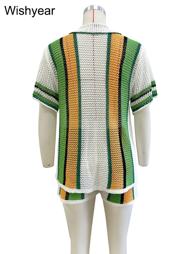 Sexy Colorful Striped Patchwork Knitting Two Piece Pants Set Women Short Sleeve Top and Shorts Fashion Beach Sweater Club Outfit