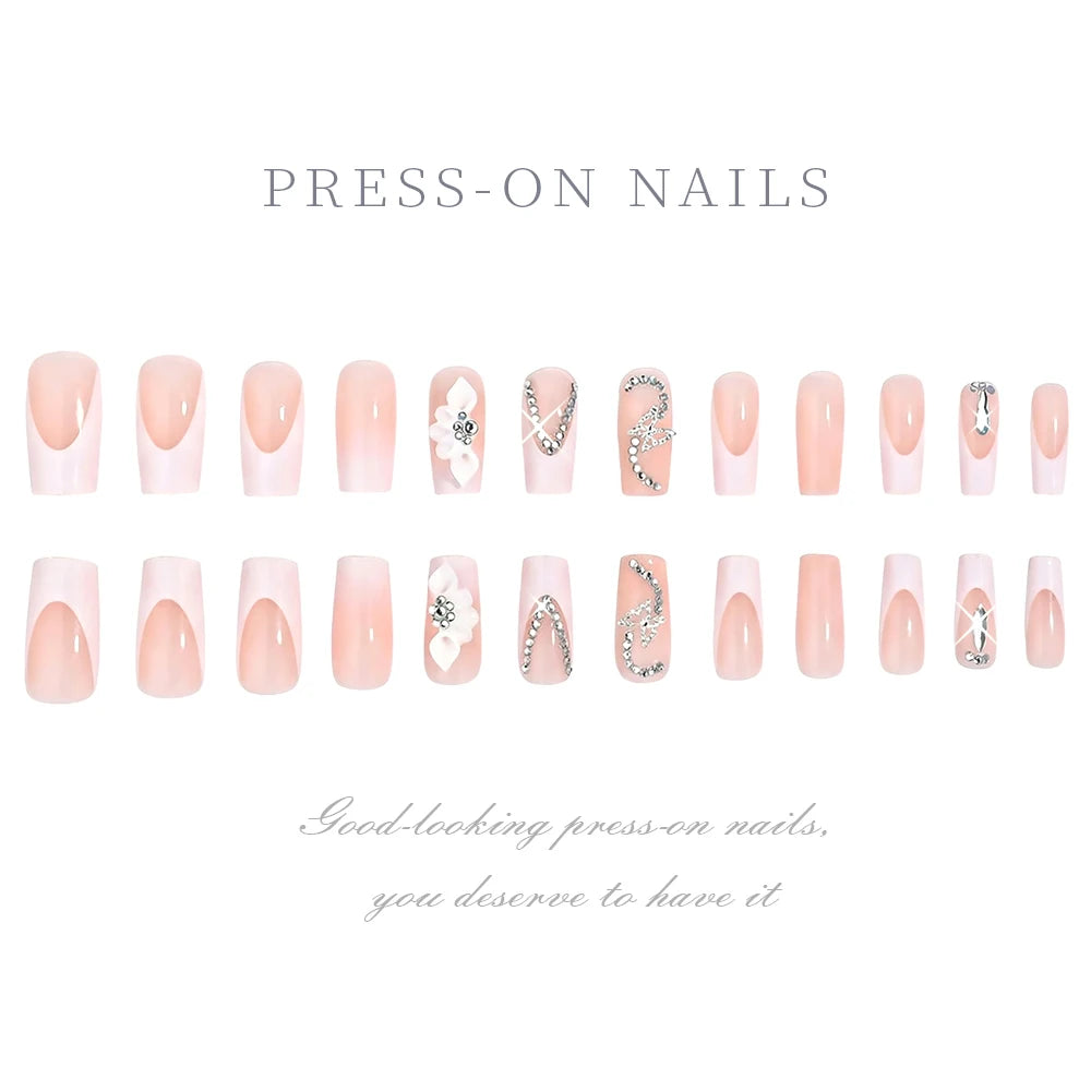 24Pcs Long Coffin French Fake Nails with 3D Butterfly Flower Rhinestones Handmade Press On Nail  Datachable Square False Nailtip