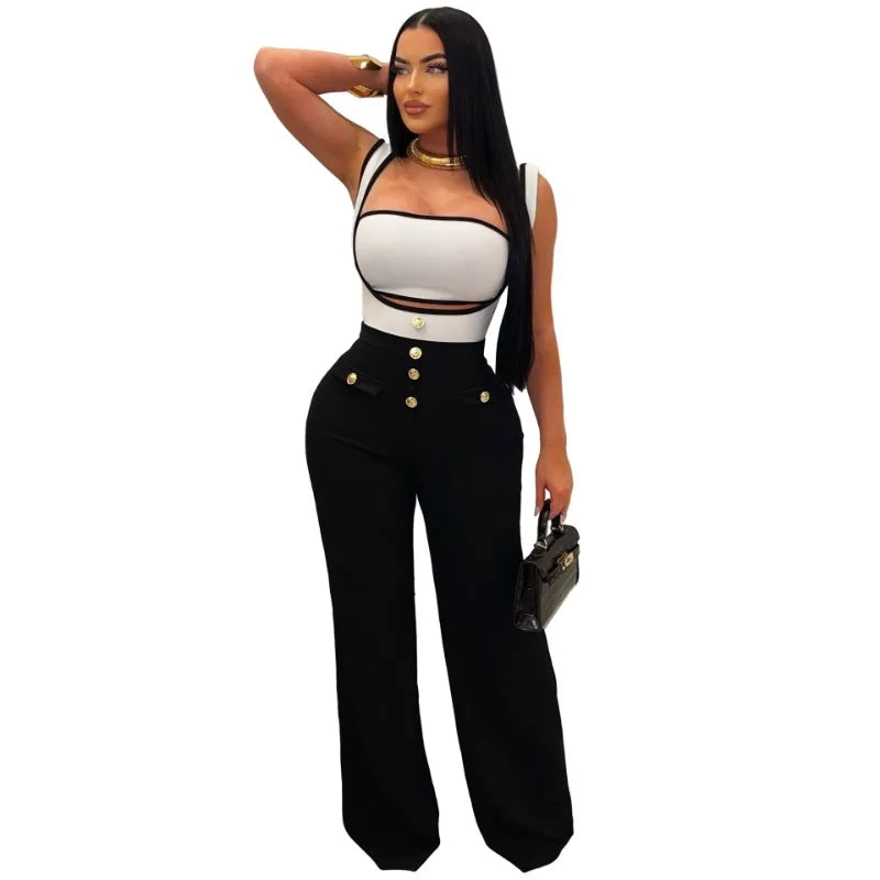 Elegant 2 Piece Sets for Women Summer Outfits Sexy Halter Tube Crop Tops Bodycon Flare Pants Set Vacation Jumpsuits Club Outfits