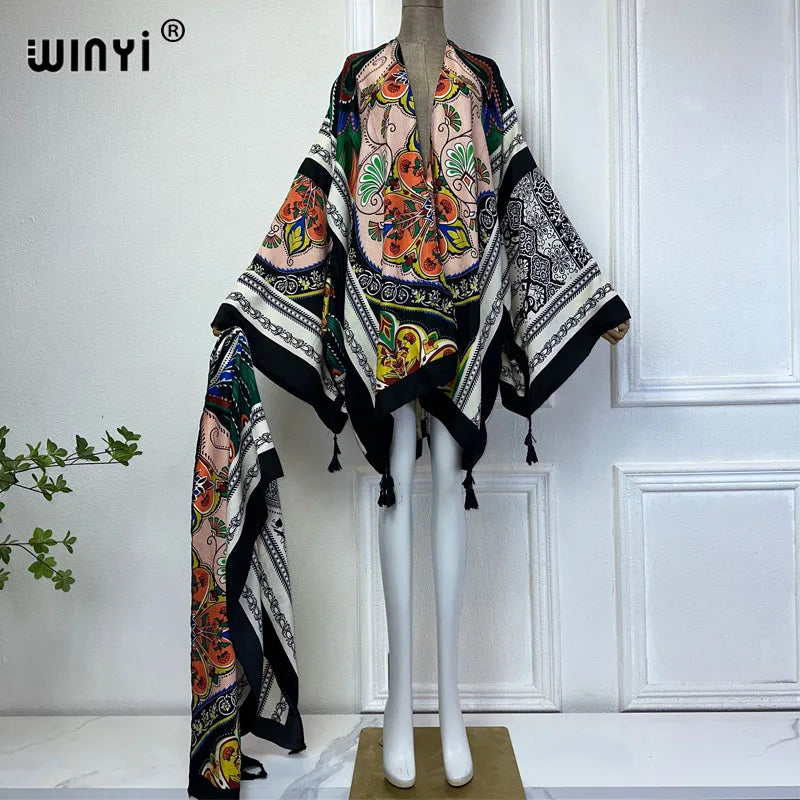 WINYI summer 2024 print Middle east kimono beach cover up dress elegant African women Cardigan Holiday maxi abaya فساتين طويلة