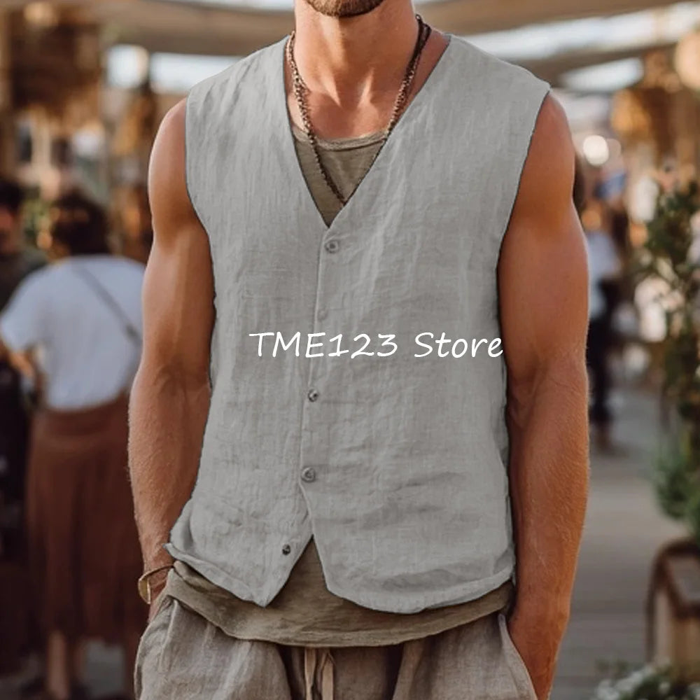 Thin Working Vest Veston V-neck Gilet Men Linen Fashion Suit Single-breasted Vests Man Casual Waistcoat for Man Suits Blazer