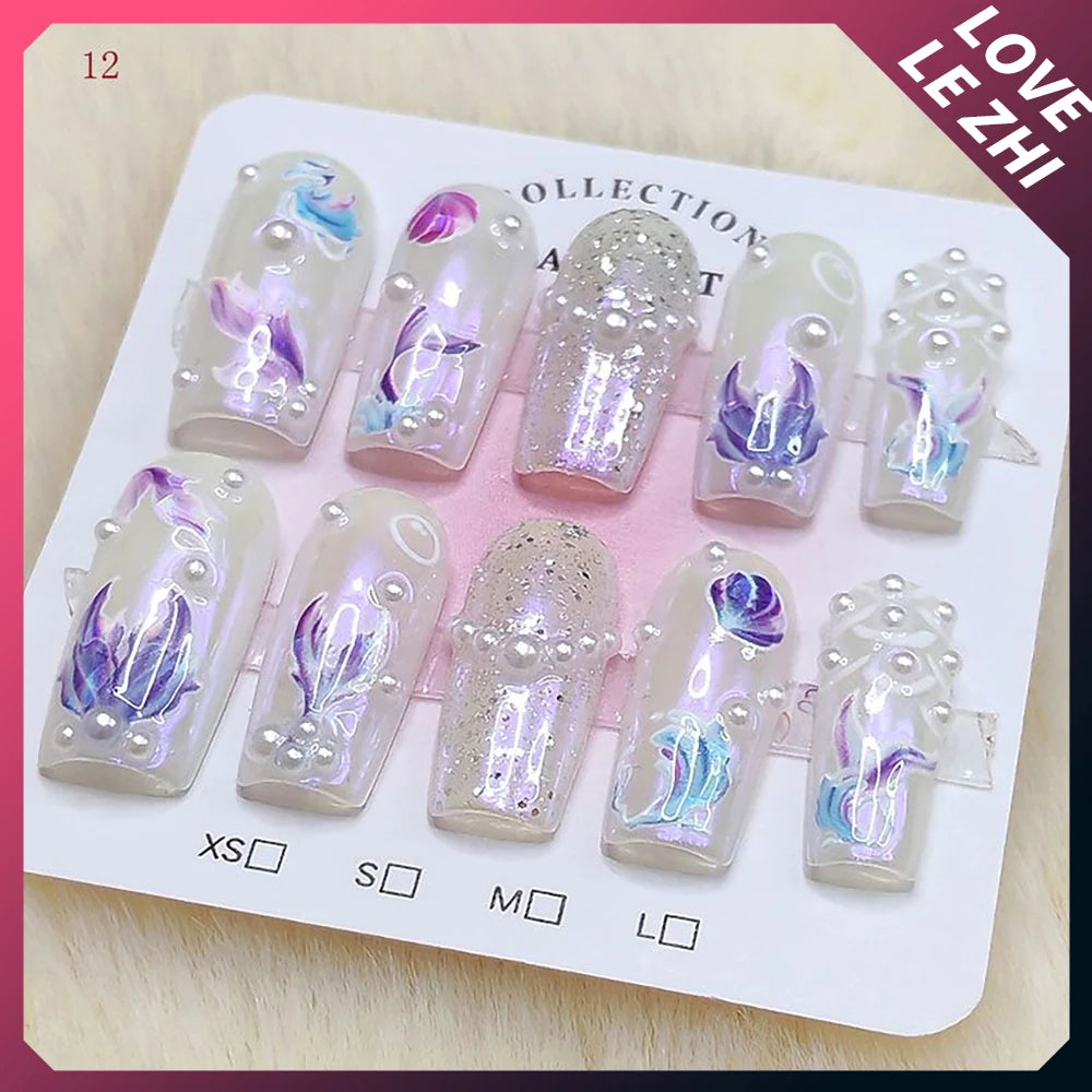 10Pcs Sweet Lovely Handmade Long Coffin Wearable Fake Nail Kawaii Girlish Heart Cartoon Pink Pearl Bow Diamond False Nail Gift