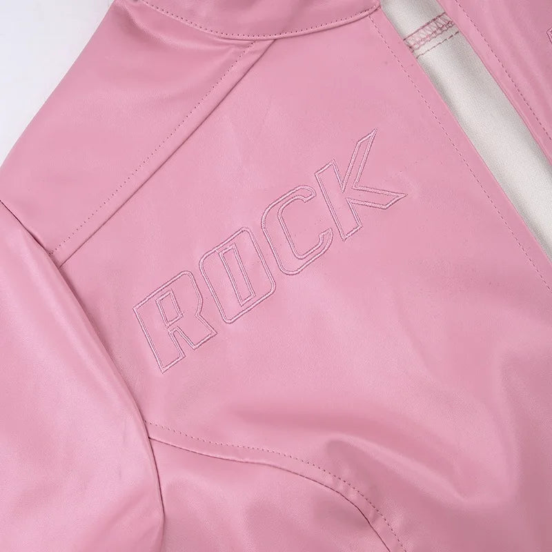 FAGADOER Y2k Punk Gothic Leather Jacket Women Cropped Lapel Letter Embroidery Moto Jackets Coat Short Female Streetwear 2025 New