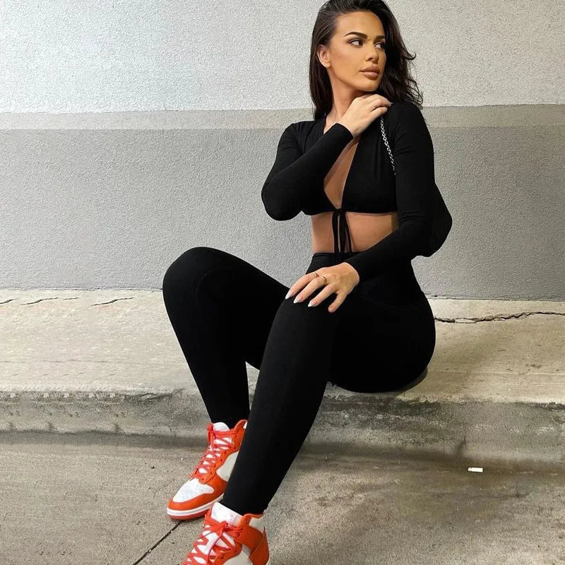 Summer Y2K Streetwear Women's Sexy Hollow Out Jumpsuits Bandage Tie Long Sleeve Bodycon Playsuits Women Clothes Gothic Rompers