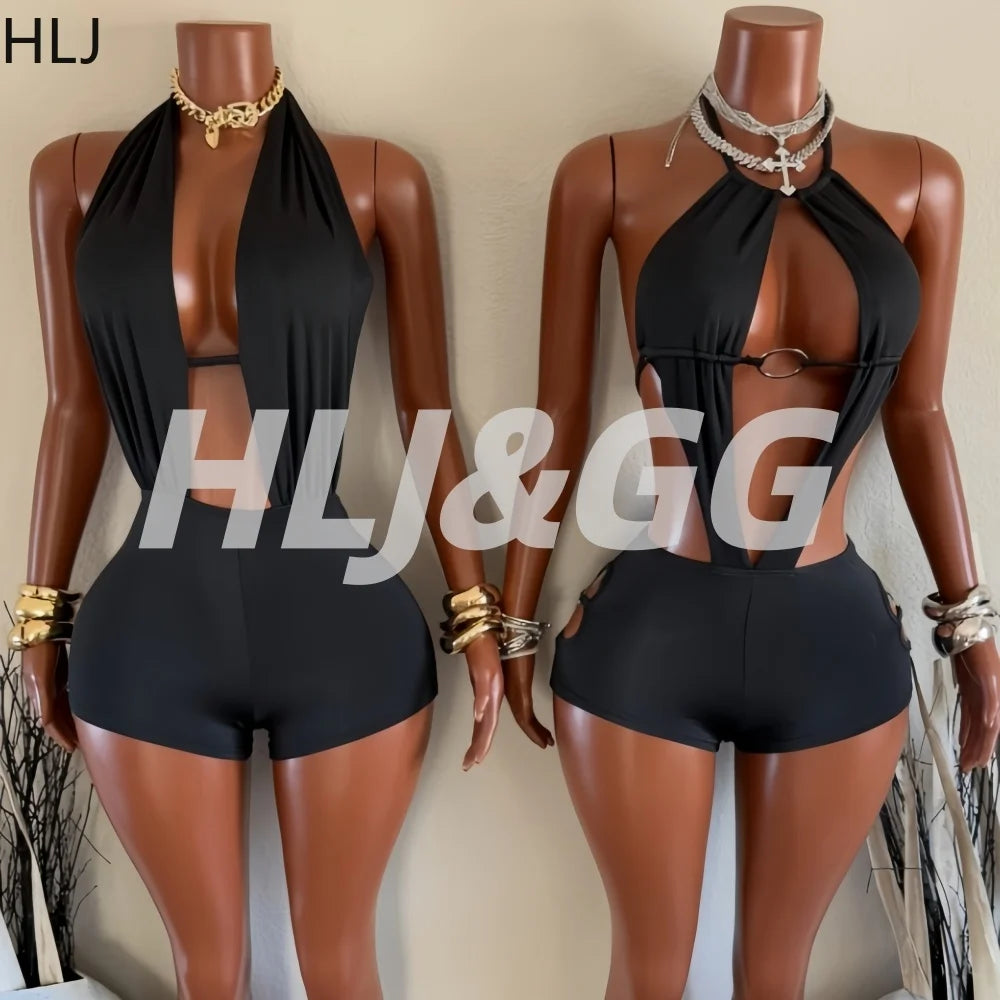 HLJ Sexy Deep V Neck Bodycon Romper for Women Black Halter Sleeveless Backless Shorts Jumpsuit Female Club Party Streetwear New