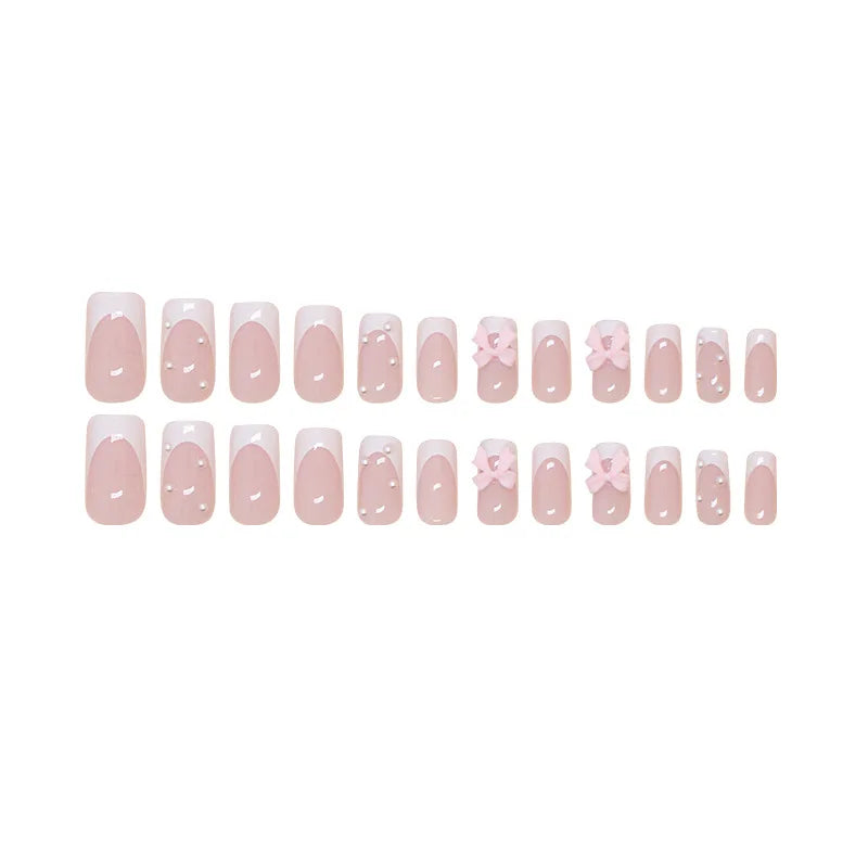 24Pcs Ballet False Nails Long French Press on Nails with Flower Design Wearable Coffin Fake Nail Pink Bow Design Manicure Tips