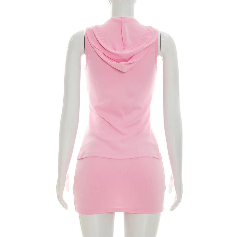 Women Solid Casual 2 Piece Set Tracksuits Zip-up Sleeveless Hooded Tanks Tops + Zippers Bodycon Mini Skirts Streetwear Suits