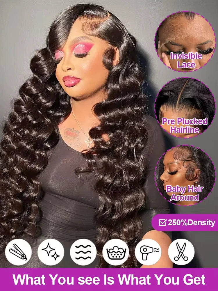 Lakeisha High Density Loose Wave HD 13x6 Lace Front Wigs Human Hair Black Raw Brazilian Deep Curly 40 Inch 13x4 Lace Frontal Wig
