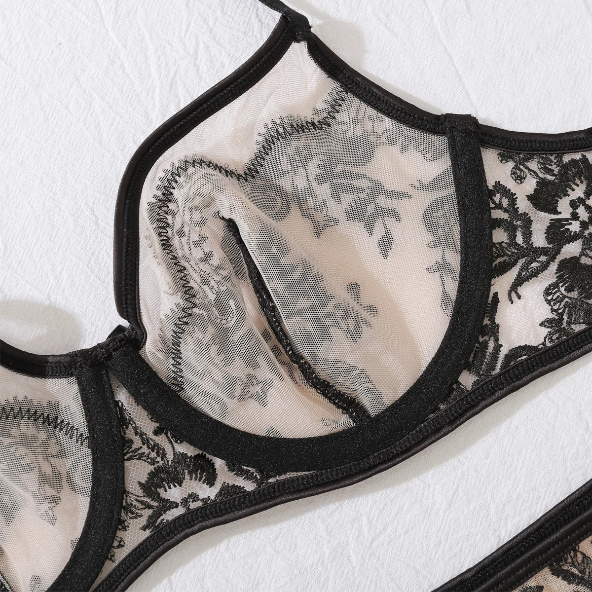 MUZISKAT 4 Piece Set Flower Embroidery Underwear Set For Women Solid Color Mesh See-through Sexy Lace Garters Underwear Set New