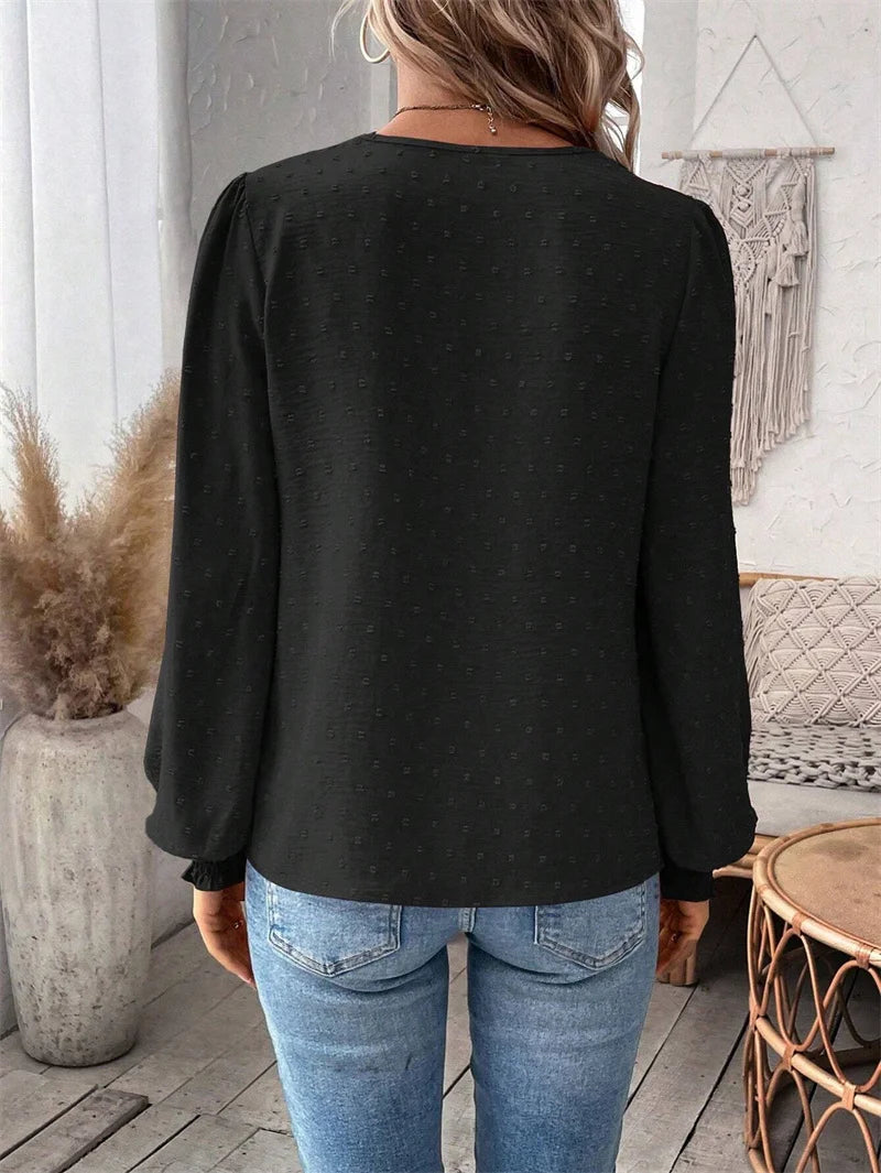 Elegant Hollow Out Lace Decoration Shirt Women Deep V Neck Pullover Blouse Female Solid Color Jacquard Lantern Long Sleeve Tops