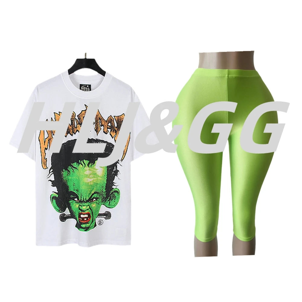 HLJ Trend American Retro Print Tshirts Two Piece Sets Women O Neck Short Sleeve Loose Top+Skinny Pants Outfit Fashion Streetwear