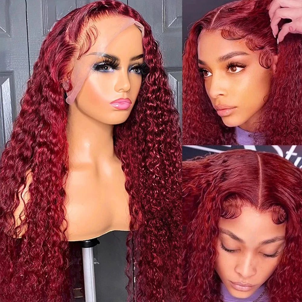 Mamushow 13x4 13x6 Deep Wave Lace Frontal Wig Transparent 99J Burgundy Curly Lace Front Wigs Red Colored HD Deep Wave Human Hair