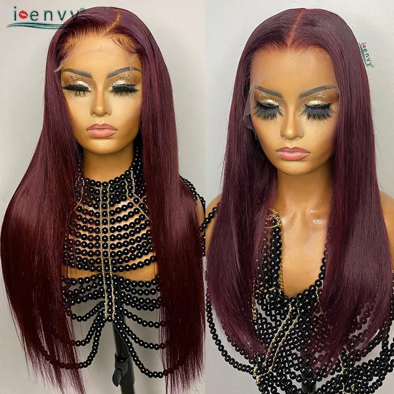 99J Red Colored Lace Front Human Hair Wigs Silky Straight 13X4 13X6 Burgundy Hd Transparent Pre Plucked Lace Frontal Wigs 180%
