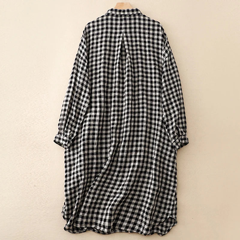 Cotton and linen plaid long-sleeved dress female spring and summer new Korean version of the loose large size temperament casual