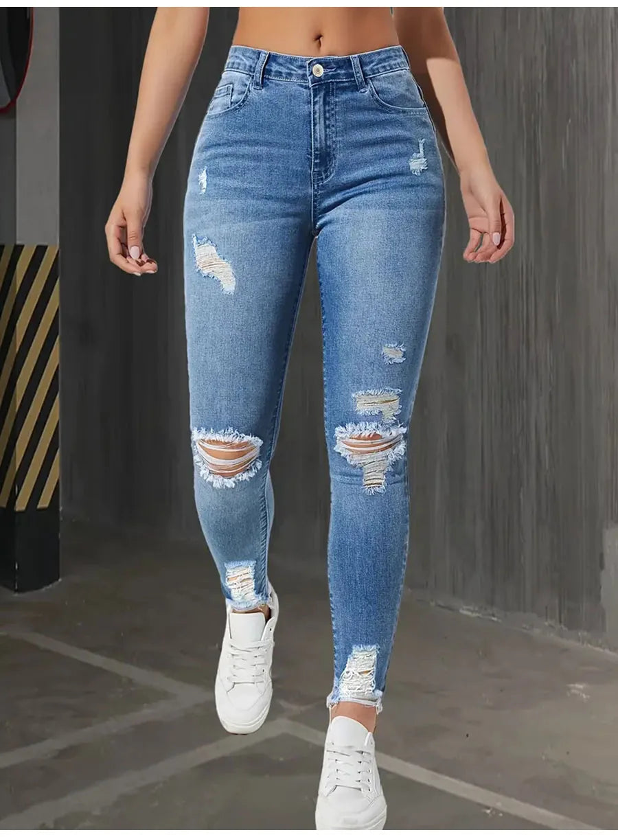 Fashion Skinny Hole Jeans Women 2025 Autumn Stretchy High Waisted Ripped Slim Retro Solid Color Denim Trousers Pants