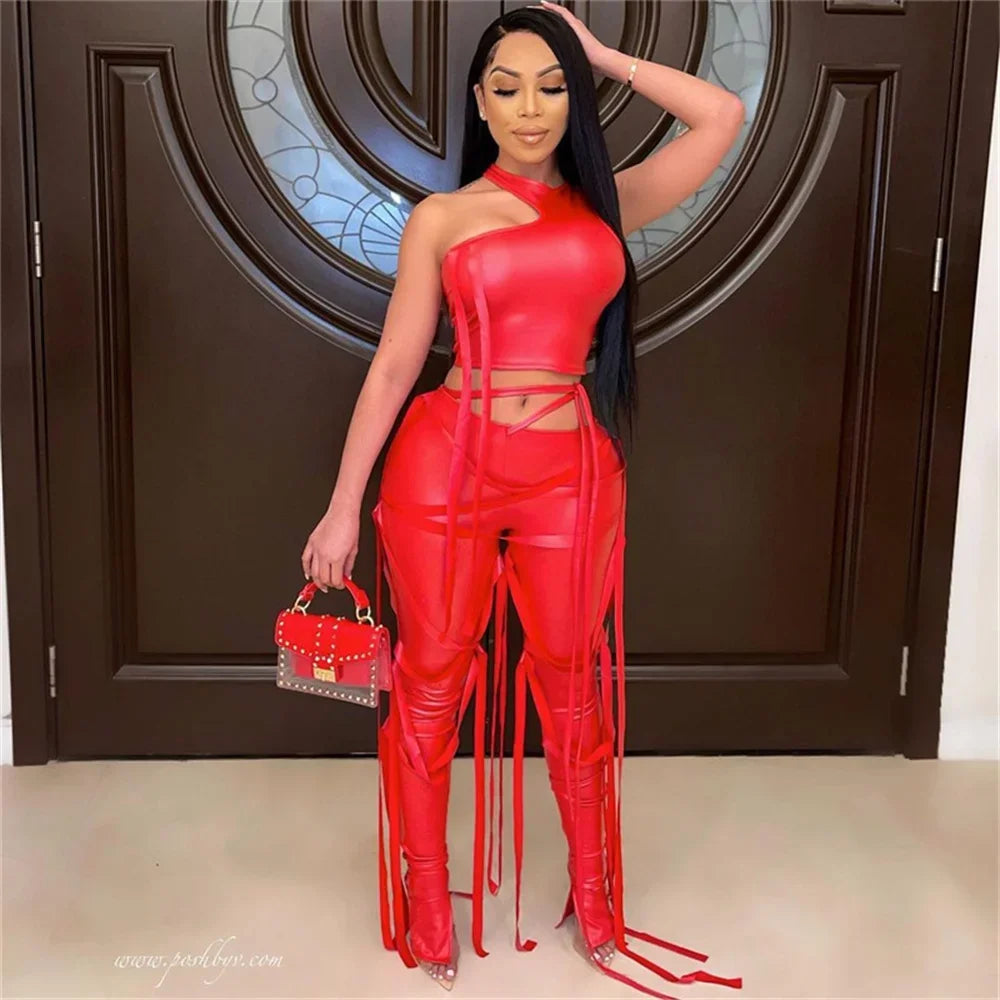 Sexy PU Faux Leather Two Piece Set for Women Matching Sets Y2K Party Club Crop Top and Ribbons Pants 2 Piece Sets Women Outfit