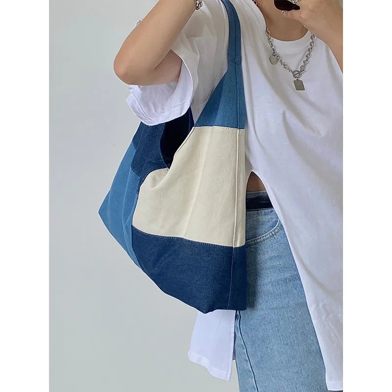 Patchwork Design Women Shoulder Bag Fashion Denim Female Handbags large capacity Jeans big Totes