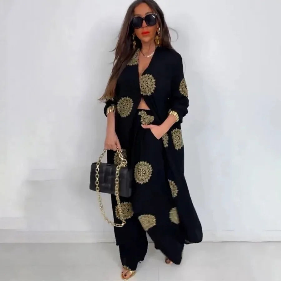Eid Muslim Suits Women Print Blouses Wide Leg Pants Set Two Piece Musulman Ensemble Dubai Arabic Morocco Islam Casual Ramadan