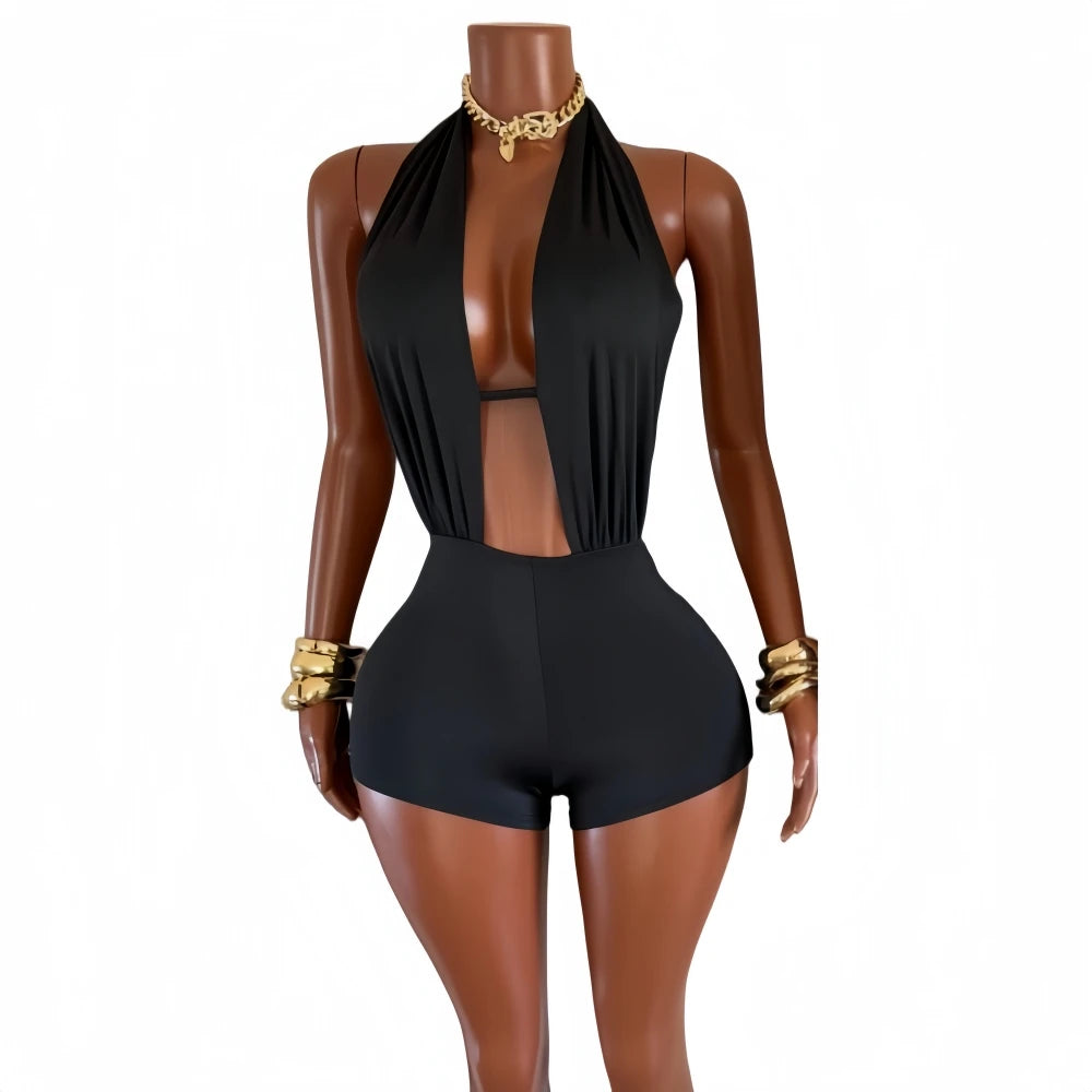 HLJ Sexy Deep V Neck Bodycon Romper for Women Black Halter Sleeveless Backless Shorts Jumpsuit Female Club Party Streetwear New