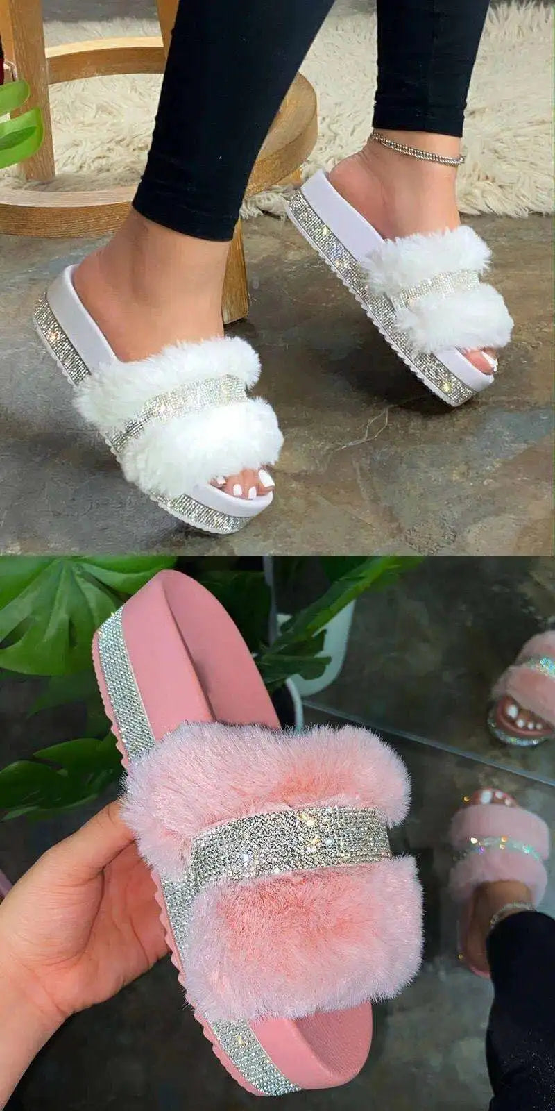 Summer 2020 Women's Flat Bot Platform Slippers Soft Sole Diamond Embellied Fur Strap Slippers Sweet Sle PVC Upper