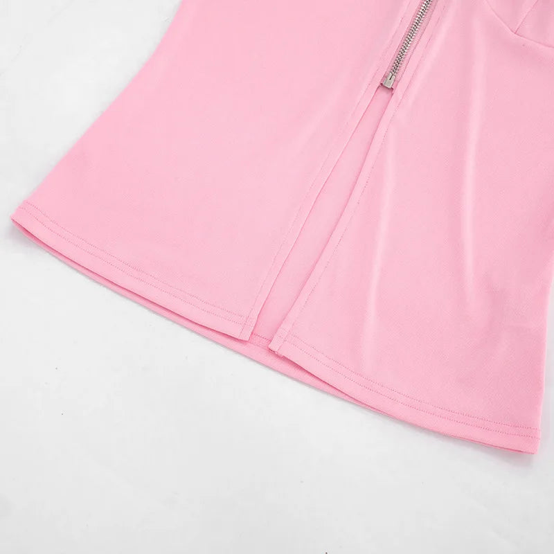 Women Solid Casual 2 Piece Set Tracksuits Zip-up Sleeveless Hooded Tanks Tops + Zippers Bodycon Mini Skirts Streetwear Suits