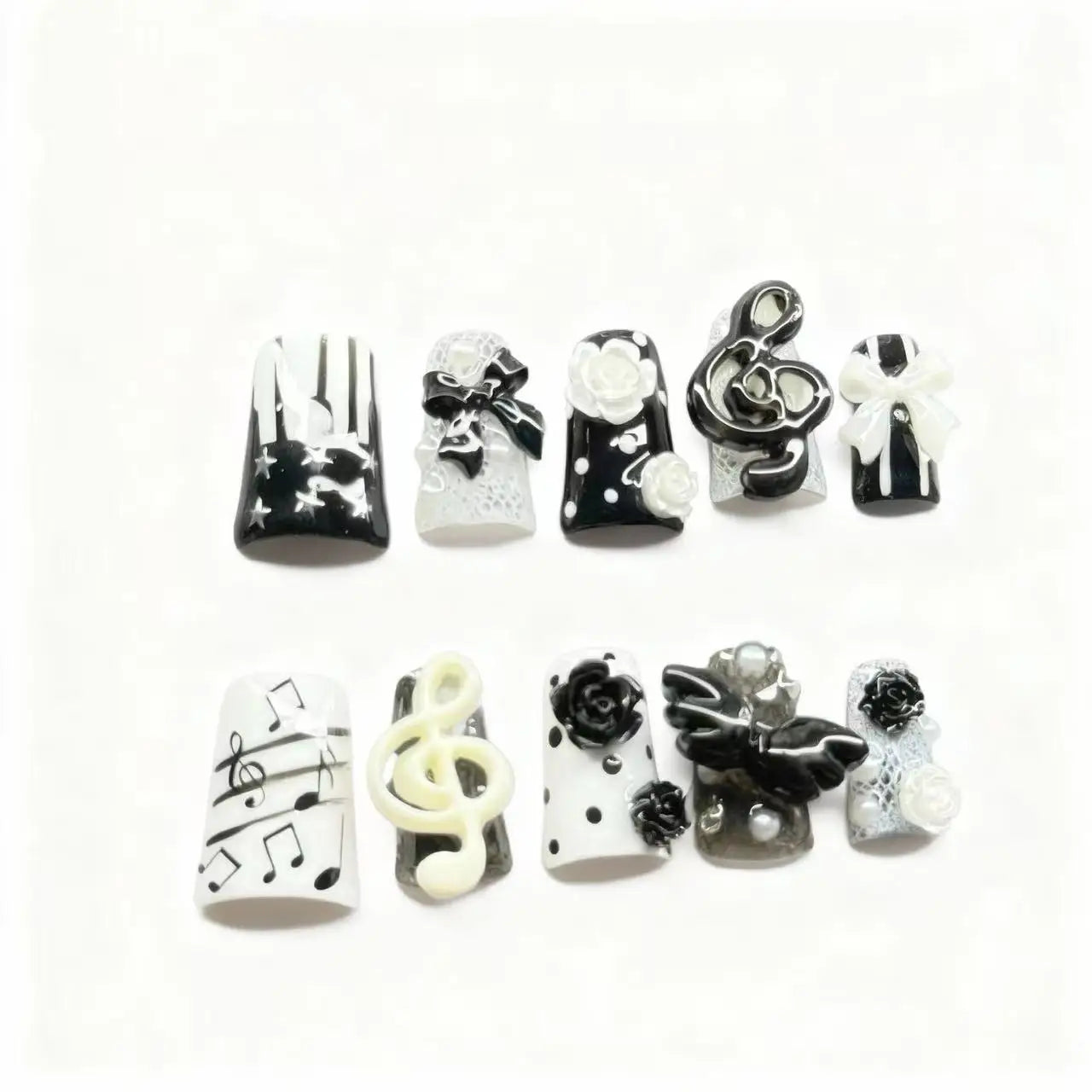 10pcs Handmade Gothic Press on Nails Punk Dark 3D Musical Note Design False Nails Fashion Duckbilled French Fake Nail Tips