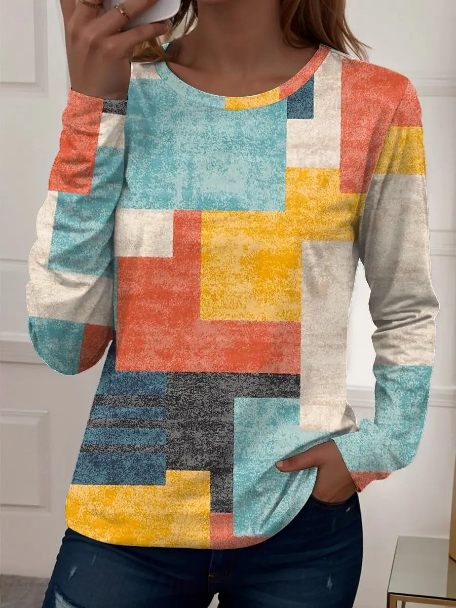Women's 3D Plaid Stripe Print T-shirt Fashion Long Sleeve Round Neck Regular Tops Holiday Weekend Spring and Autumn