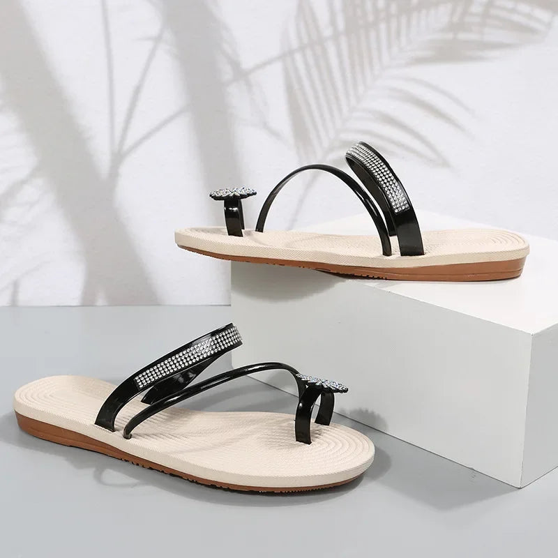 Women Summer Flat Rhinestone Flower Beach Slippers Comfy Clip Toe Lady Flat Beach Sandals Casual Female Flip Flops Zapatos Mujer