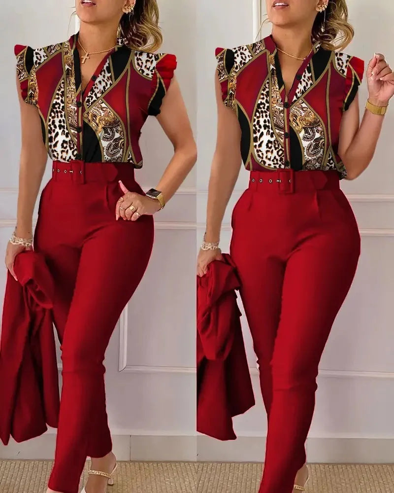 Spring Summer Women's New Printed Lotus Leaf Sleeveless Shirt Suit Elegant Slim Femal Office  Long Pants Belt Two Piece Set 2025