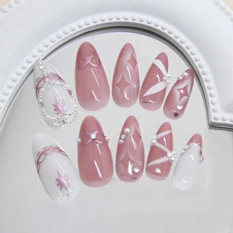 24Pcs Pearl Stars Bowknot Press on Nails French Almond Acrylic False Nails Cute Sweet Pink Fake Nails Cat Eye Glitter Nail Art