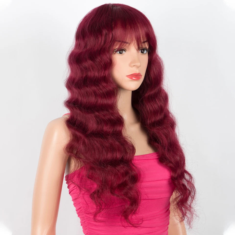 Lekker Burg Red Long Deep Wavy 100% Human Hair Wigs With Bangs For Women Brazilian Remy Hair Glueless Cosplay Colored Wigs