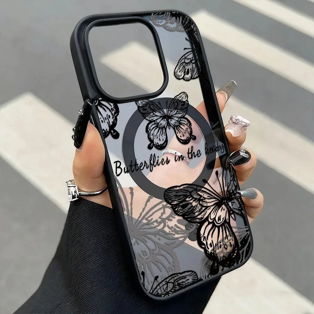 Butterfly Magnetic Transparent Phone Case For iPhone 17 16 15 14 Plus 13 12 11 Pro Max 17 Air Magsafe Wireless Charge Back Cover