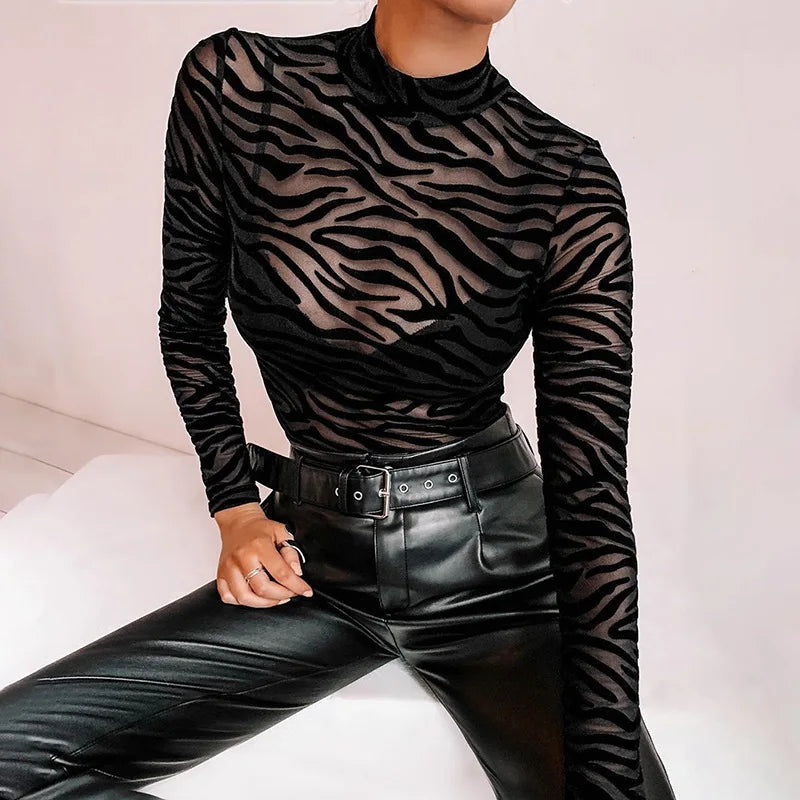 Shestyle Tiger Print Mesh Transparent Bodysuit Women Black Sexy Mock Neck Button Long Sleeve Spring Elastic Punk Body Slim