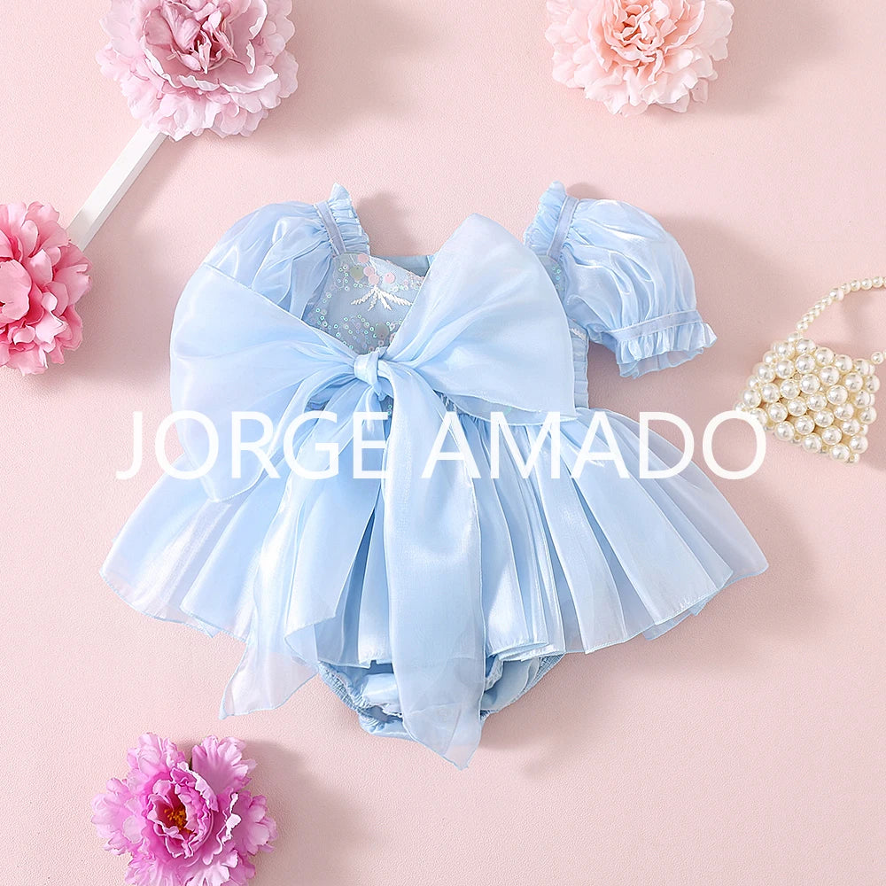 New Summer Bodysuit for Baby Girl Square Collar Sequined Large Bow Sleeveless Princess Jumpsuit Newborn Sweet Romper H1518