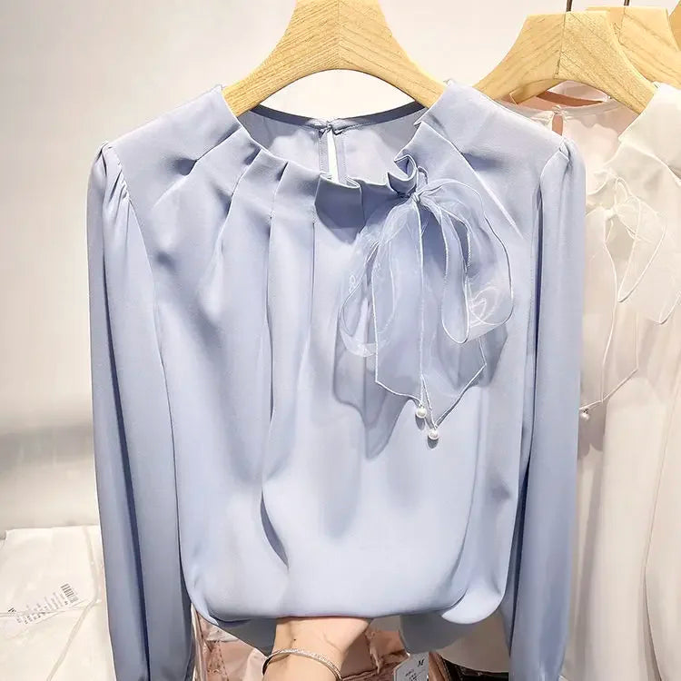 Women Stylish Ruffled Bow Lace Up Chiffon Blouses Office Lady Elegant Chic Commute Shirts Korean O Neck Long Sleeve Loose Tops