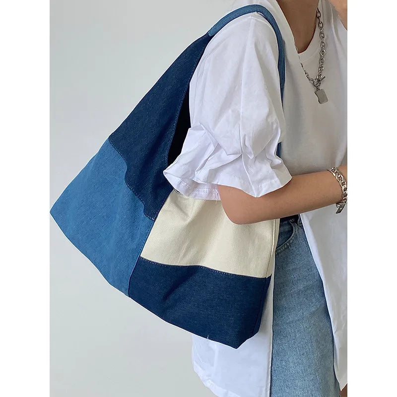 Patchwork Design Women Shoulder Bag Fashion Denim Female Handbags large capacity Jeans big Totes