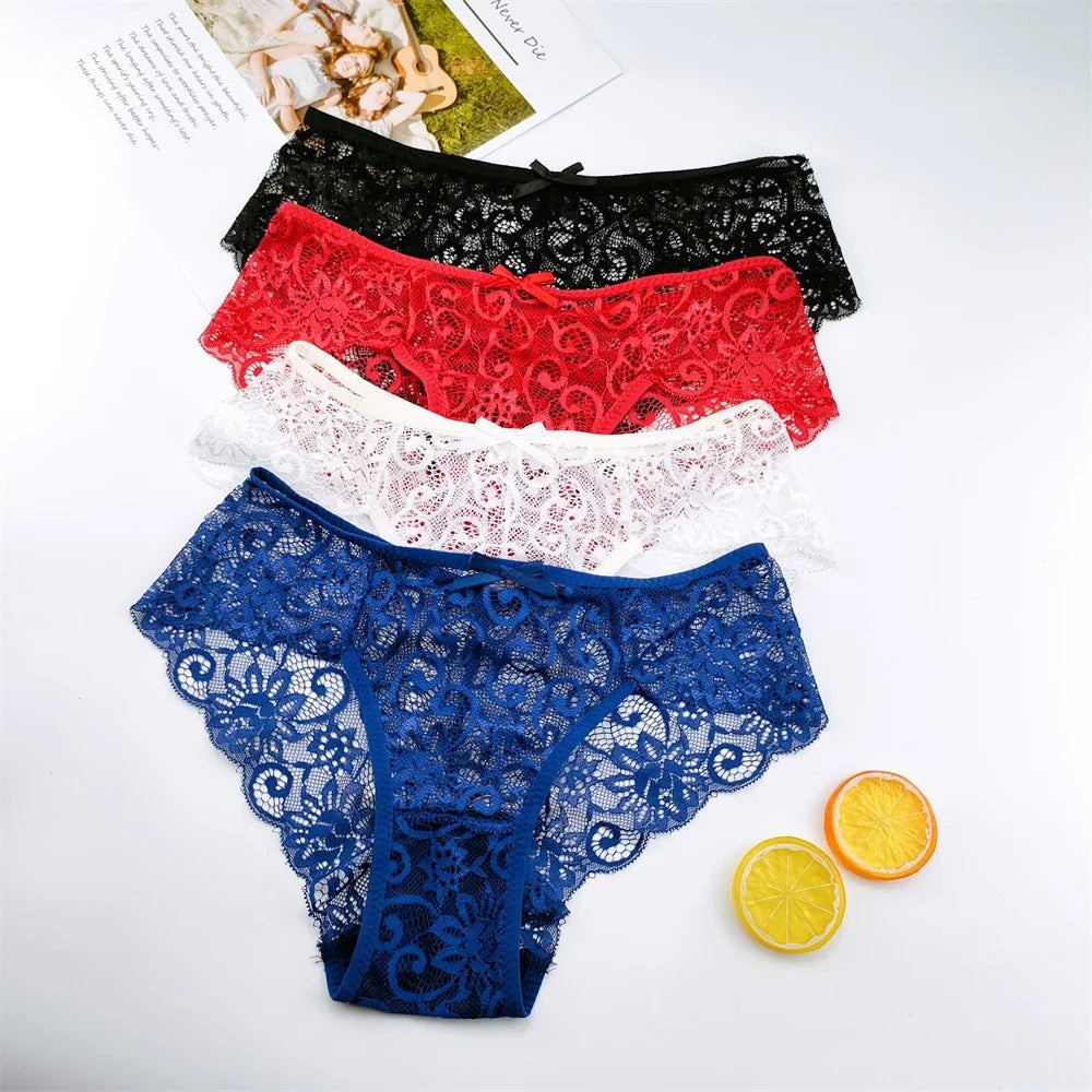 3Pcs/Set Sexy Panties Women Perspective Lace Underwear Hollow Out Breathable Briefs Cute Bow Intimates Lingerie Ladies Underpant